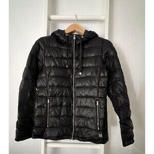 Calvin Klein Puffer Jacket Womens M Black Hooded Lightweight Packable Down VGC